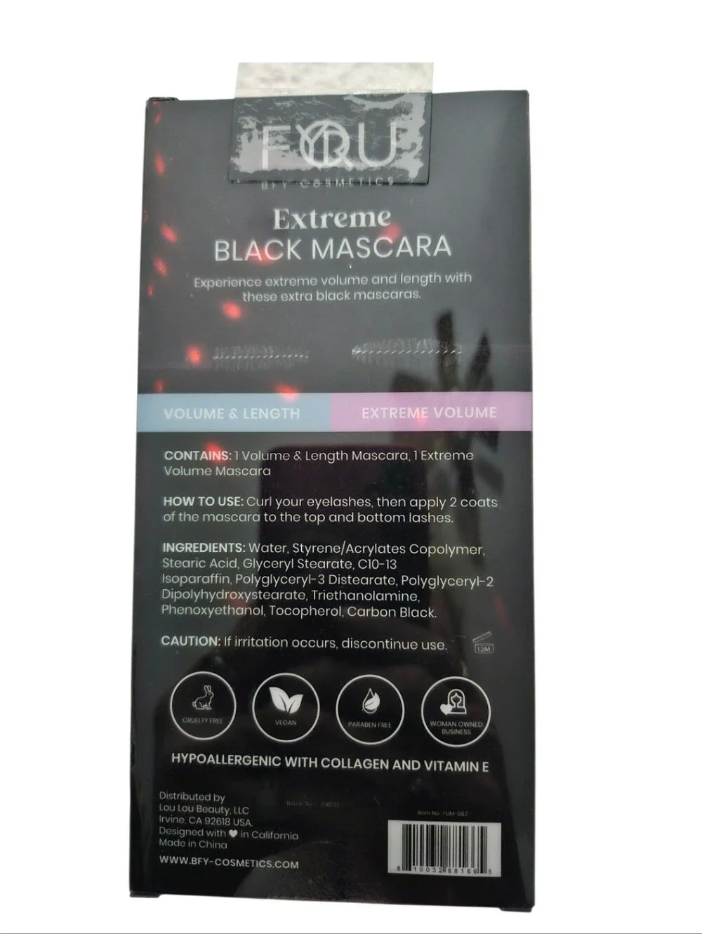 F&U Extreme Black Mascara Duo - Black with Pastel Blue & Pink Caps NEW